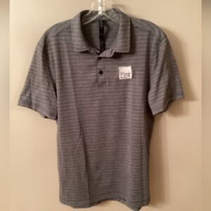 LULULEMON  MED HEATHER GREY STRIPED SHORT SLEEVE POLO SHIRT PING BRANDED LOGO